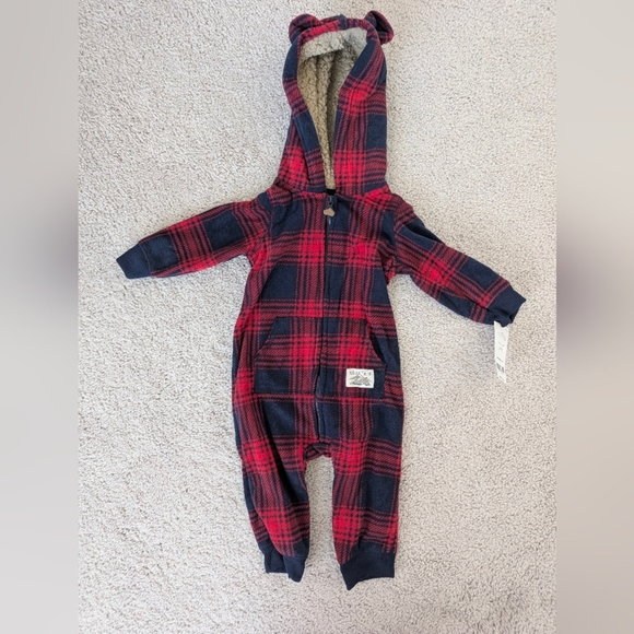 NWT Lot Of 2 Carter's Fleece One Piece FullZip Bodysuit Plaid Size 6 Months - Picture 2 of 10